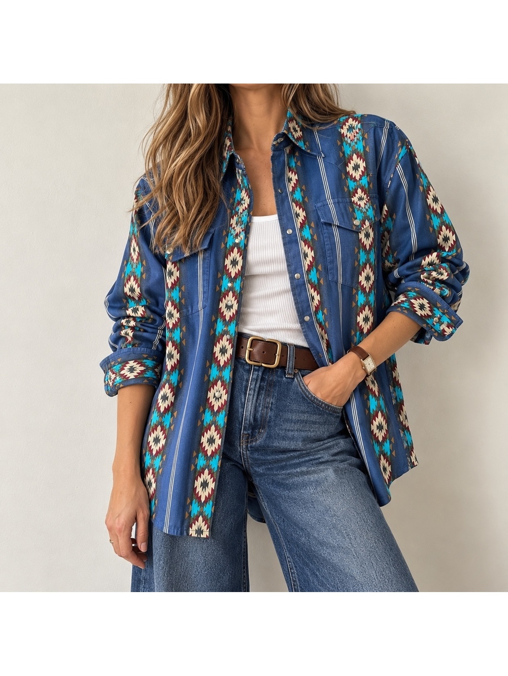 Vintage Wrangler Southwestern Aztec Pearl Snap Western Shirt